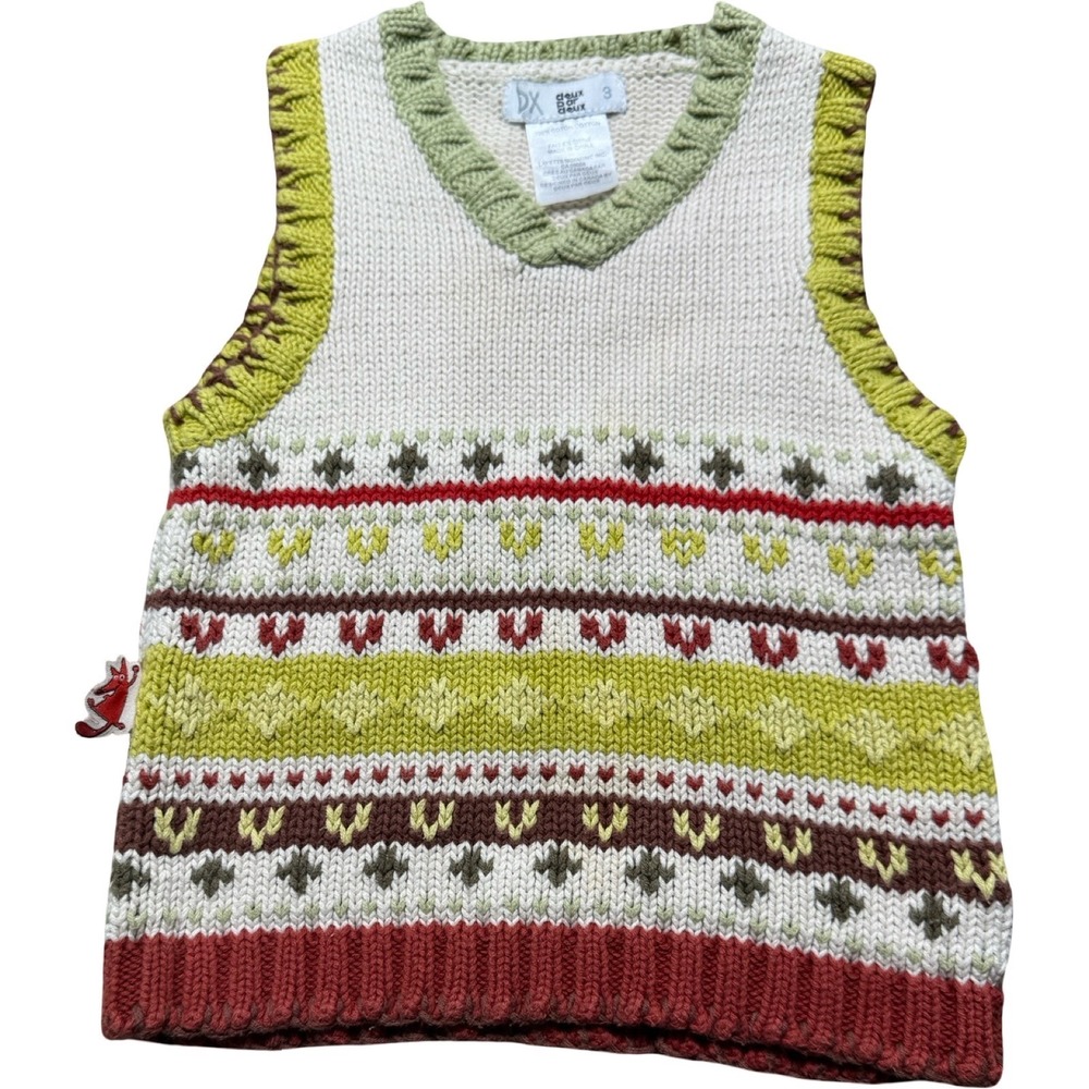 Deux par Deux Knit Sweater Vest Kids 3 Multicolor Fair Isle 100% Cotton V-Neck